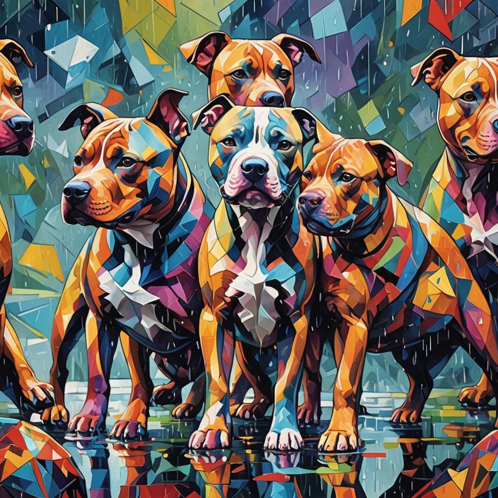 Cubist Painting: Pitbulls Playing in Geometric Rain