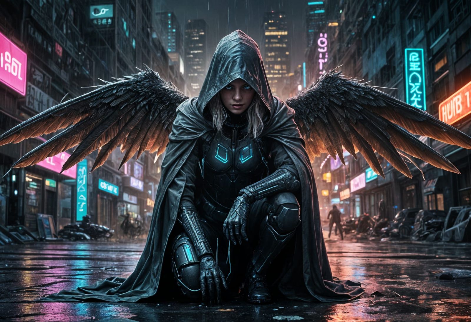 Cyberpunk Warrior Crouches in Rain-Soaked Dystopian Alley