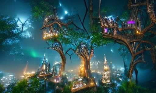 Elegant Elven Treetop City at Night
