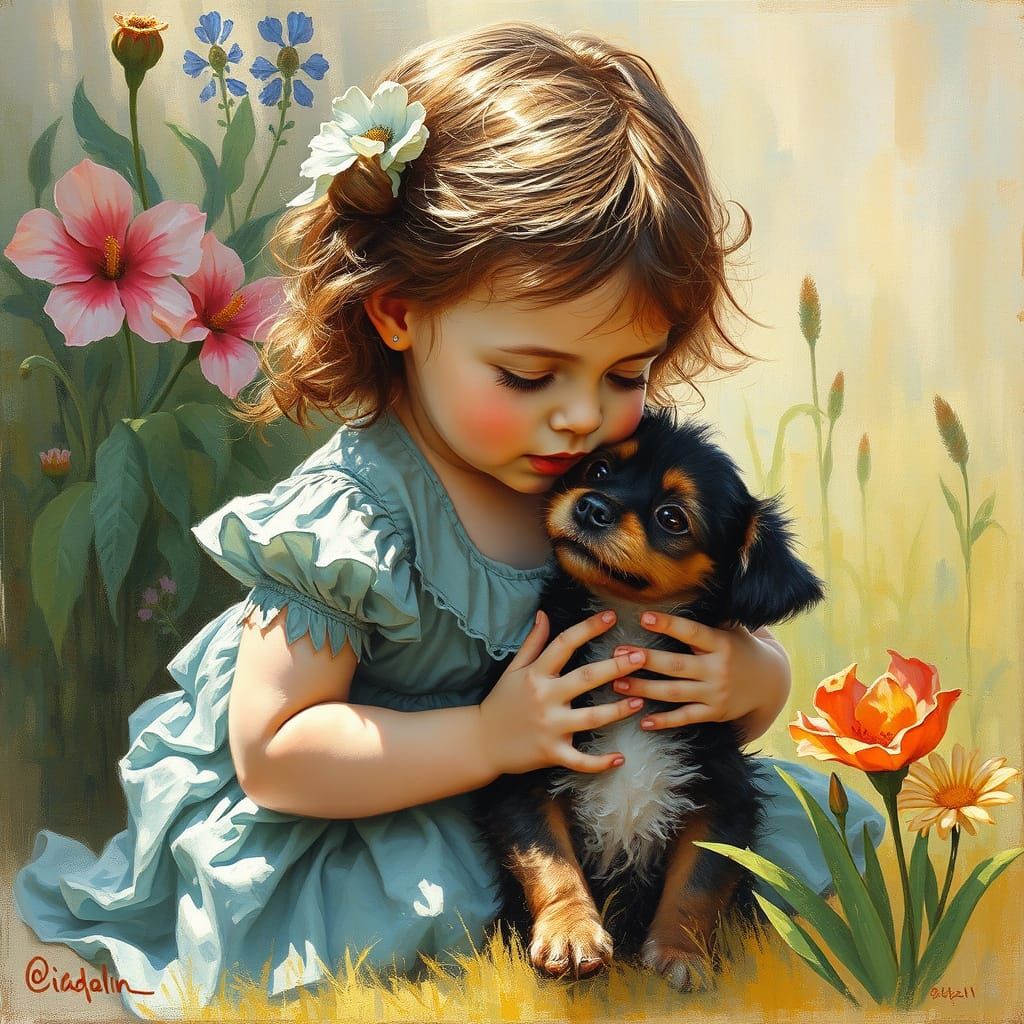 Child and Puppy Garden Scene in Oil
