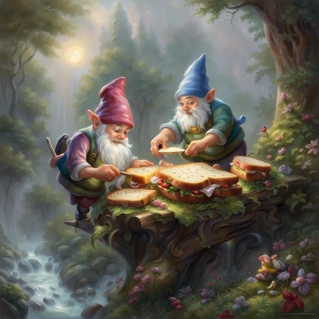 Gnomes' Precarious Sandwich in Ethereal Fantasy Style