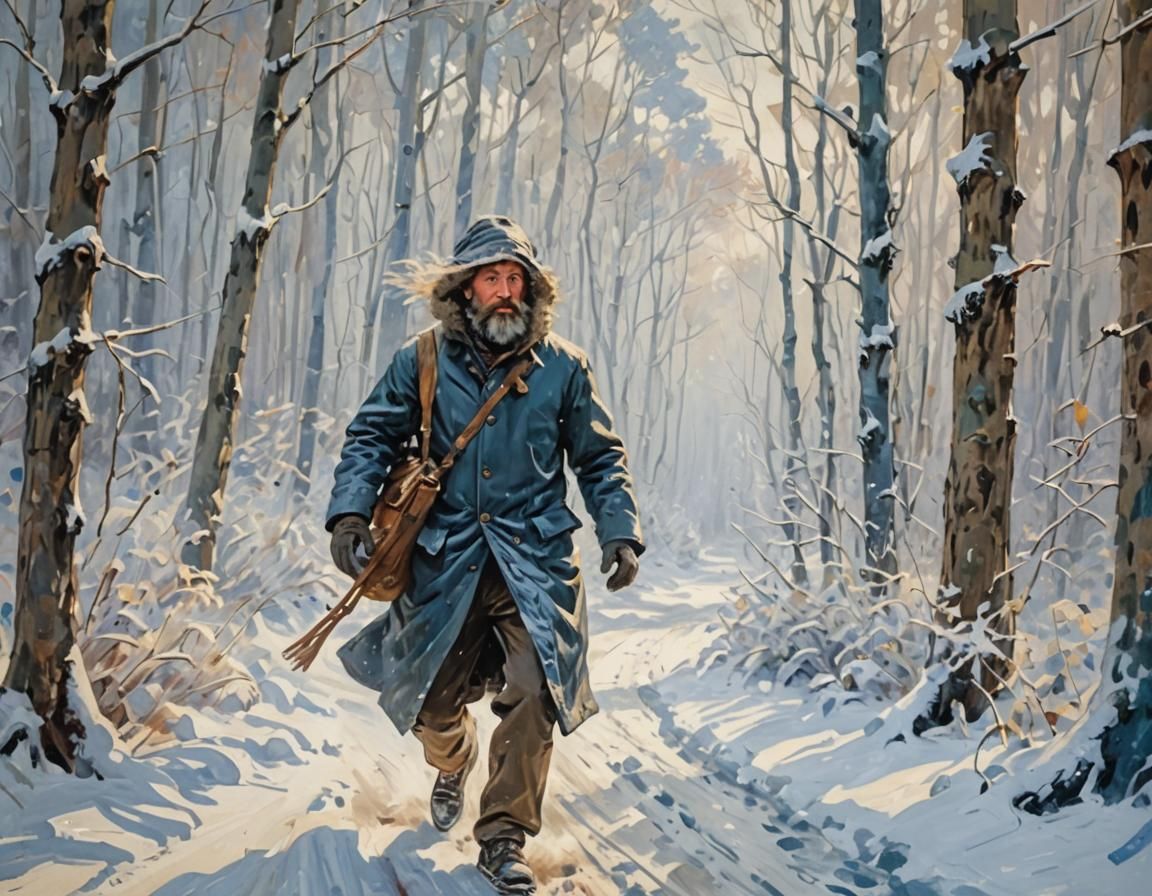 Traveler in Blizzard: An Impressionist Winter Landscape