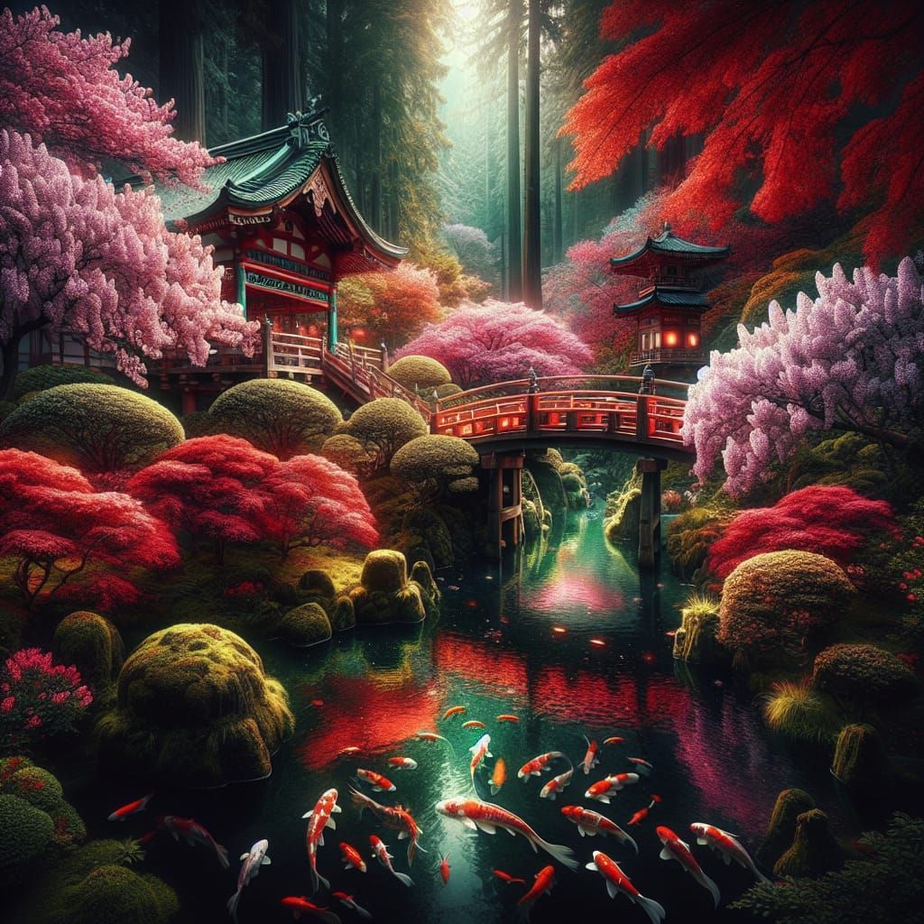 Hyperrealistic Cherry Blossom Forest with Koi and Bridge