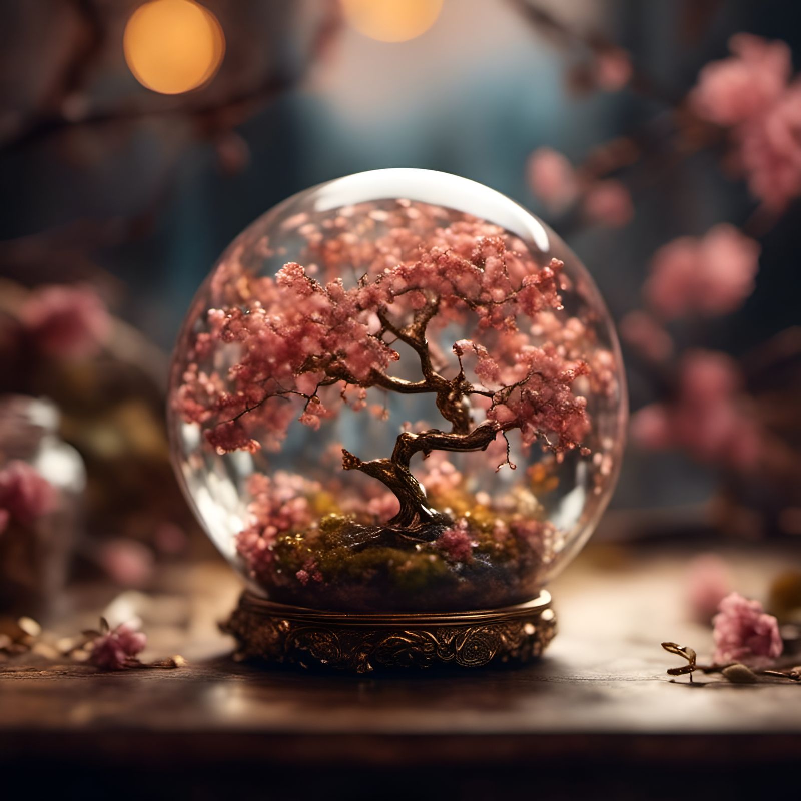 Gilded Cherry Tree in Glass Orb