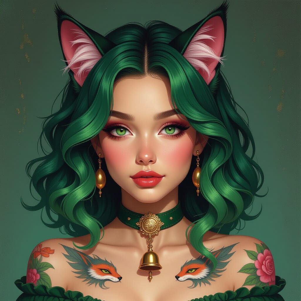 Dark Fantasy Oil Painting: Woman with Green Hair and Cat Ear...