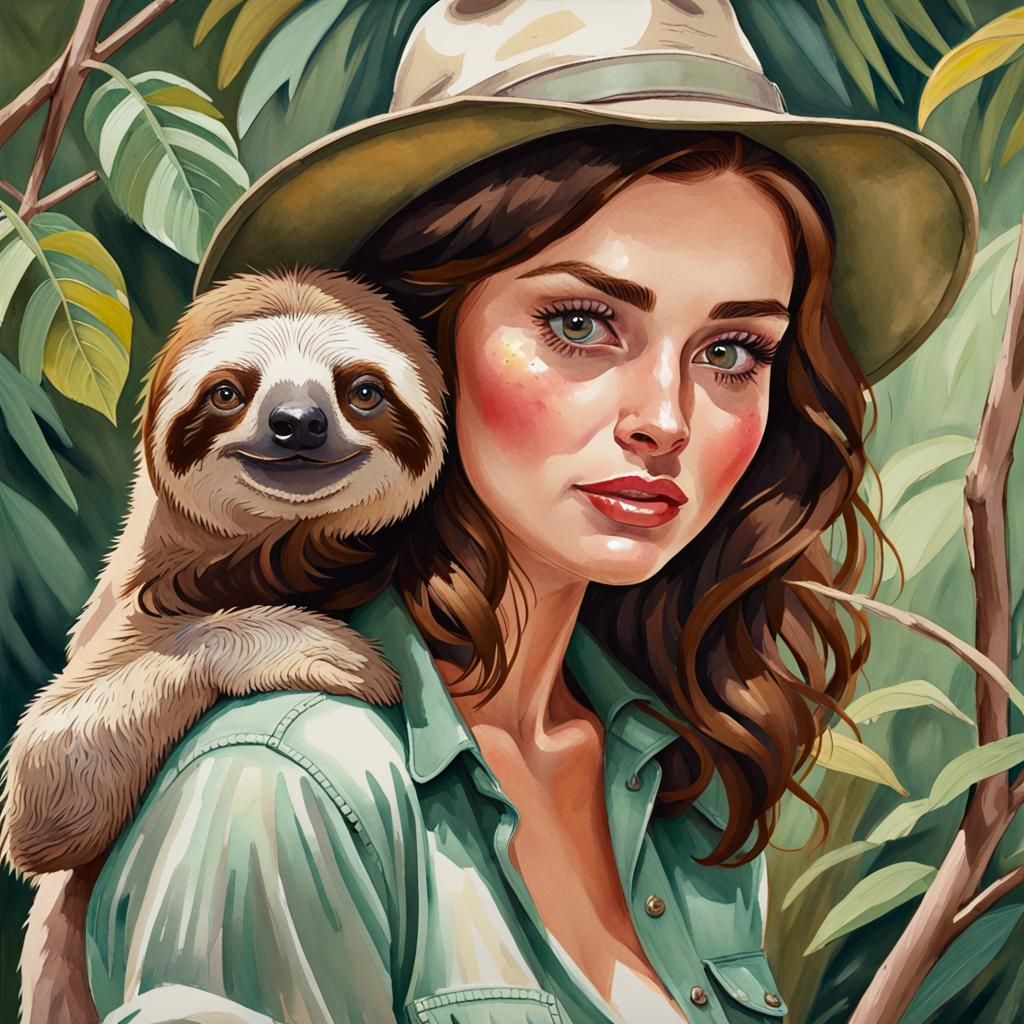 Freckled Woman with Sloth: Watercolor Gouache Portrait