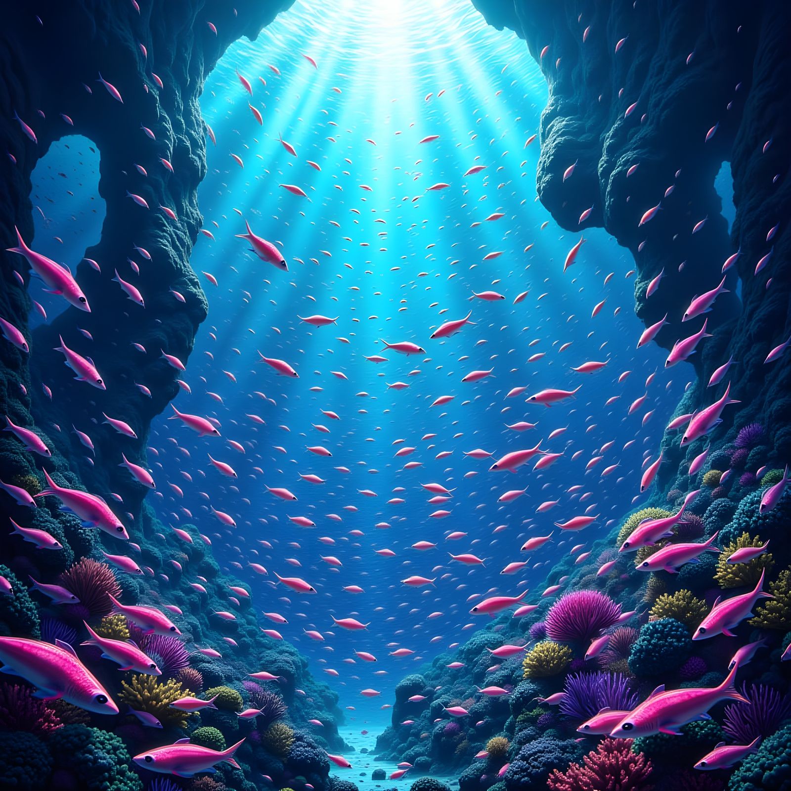 Pink Fish Swarm Around Ocean Rocks