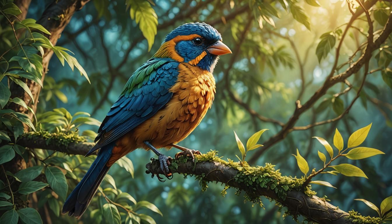 Vibrant Bird in Lush Foliage: Digital Matte Painting