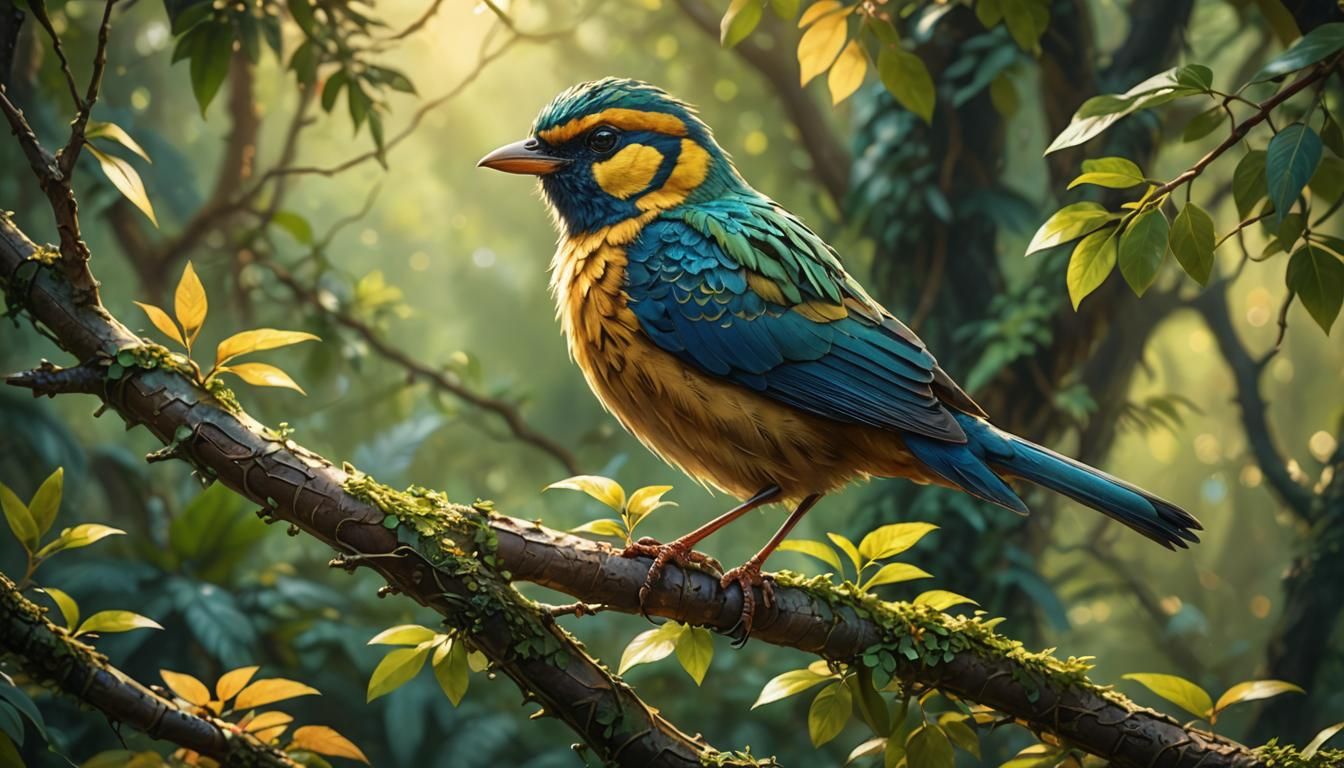 Vibrant Bird Perched on Branch: Fantasy Artwork