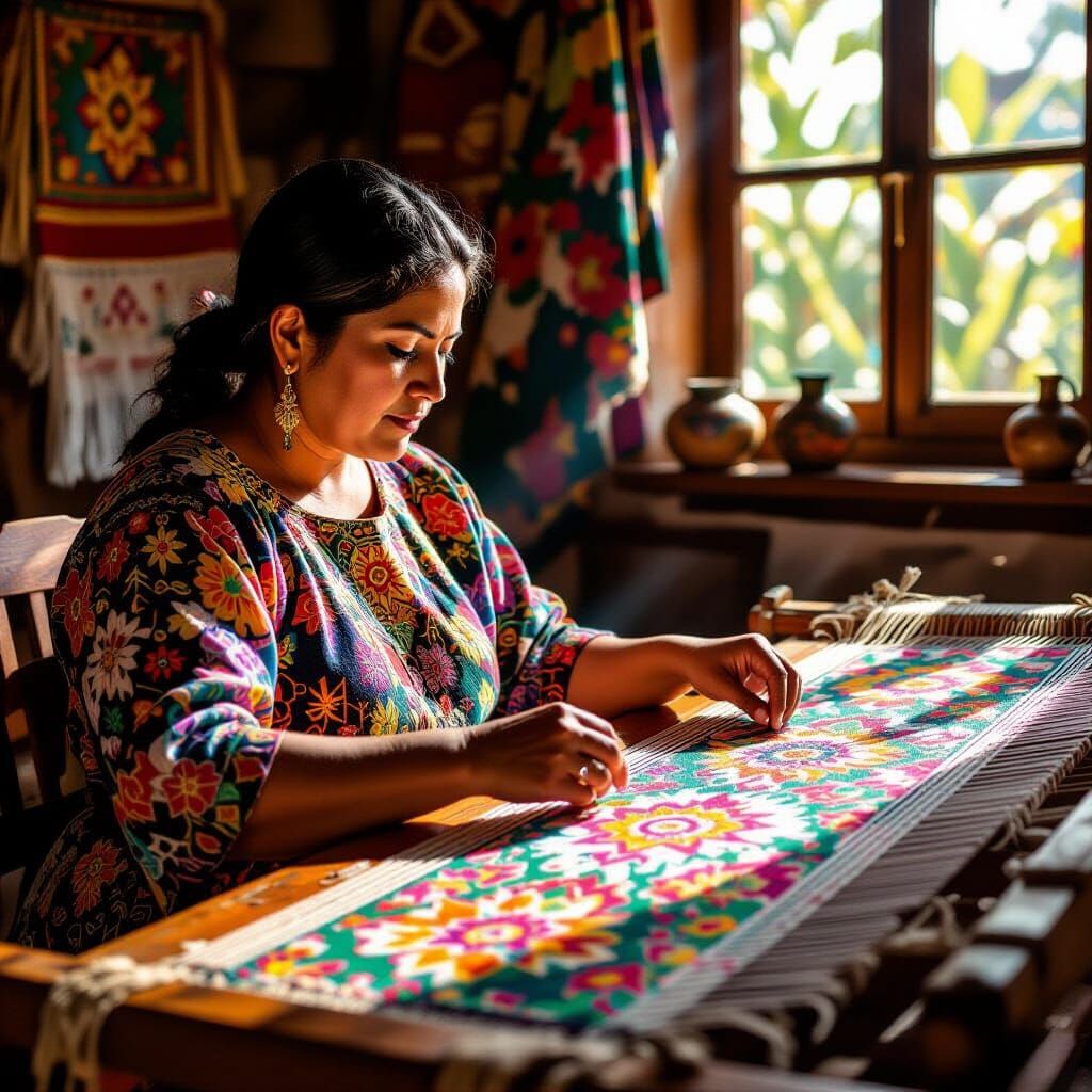 Woman Weaving Vibrant Mexican Fabric on Loom