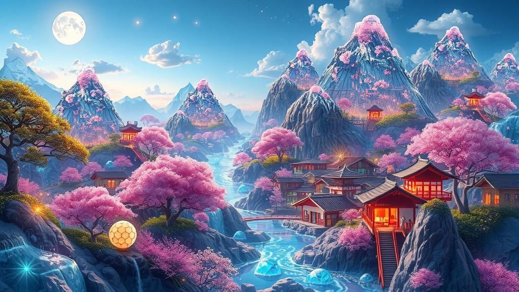 Ethereal Glass Dream: Japanese Landscape in Digital Art