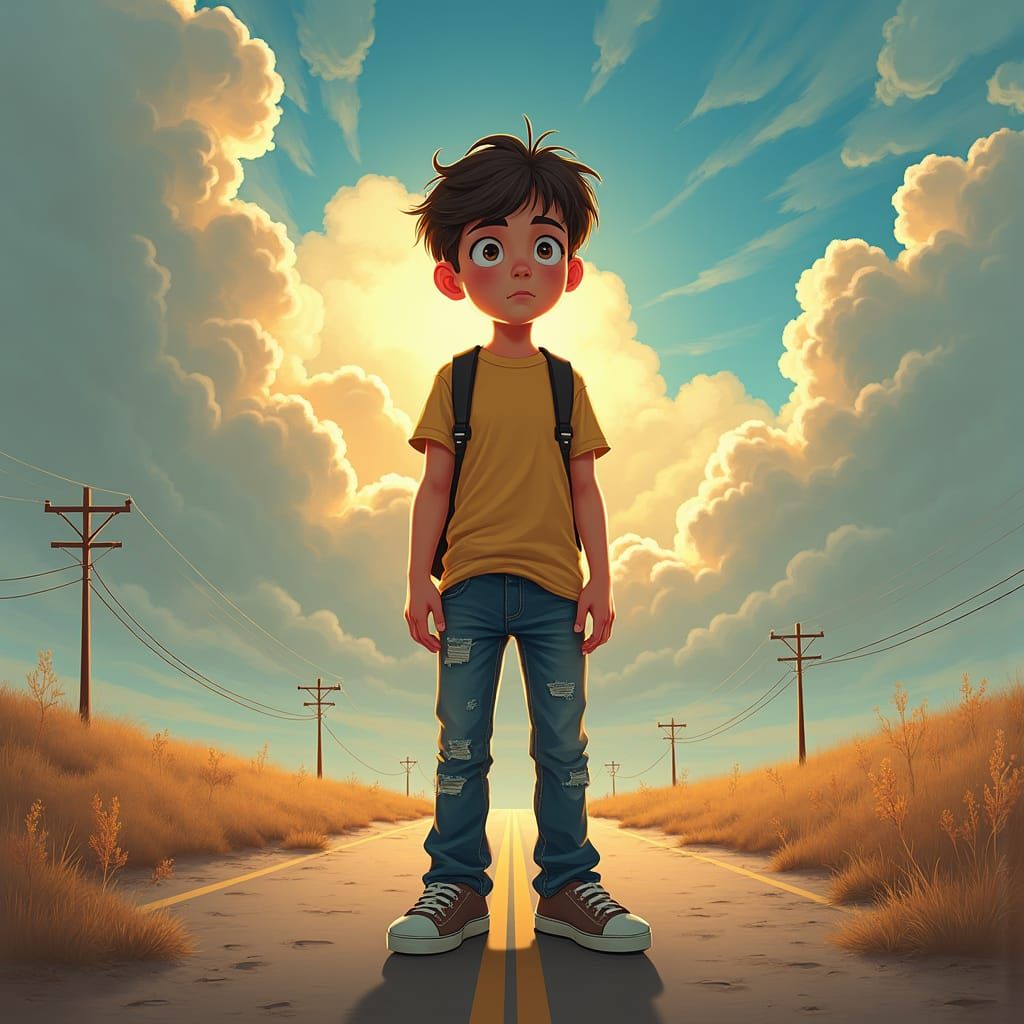 Boy on Lonely Road in Fantasy Concept Art Style