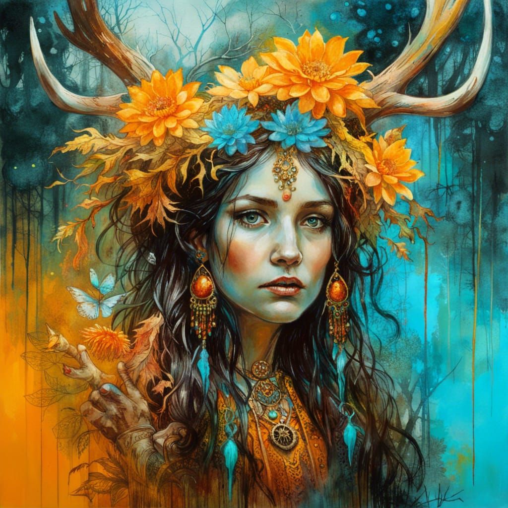 Antler Queen in Lotus Pond: Dark Fantasy Digital Art