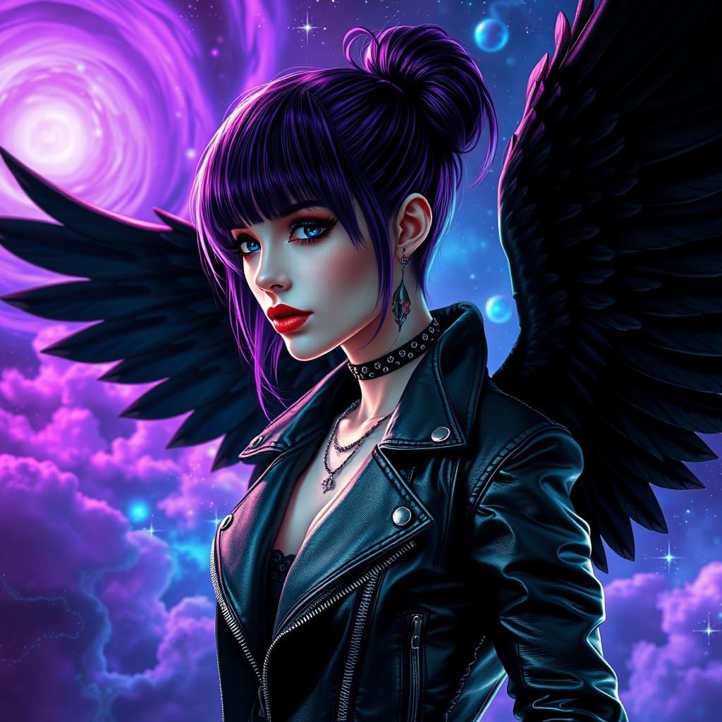 Cyberpunk Queen Reigns in Dark Purple Hued Space Galaxy