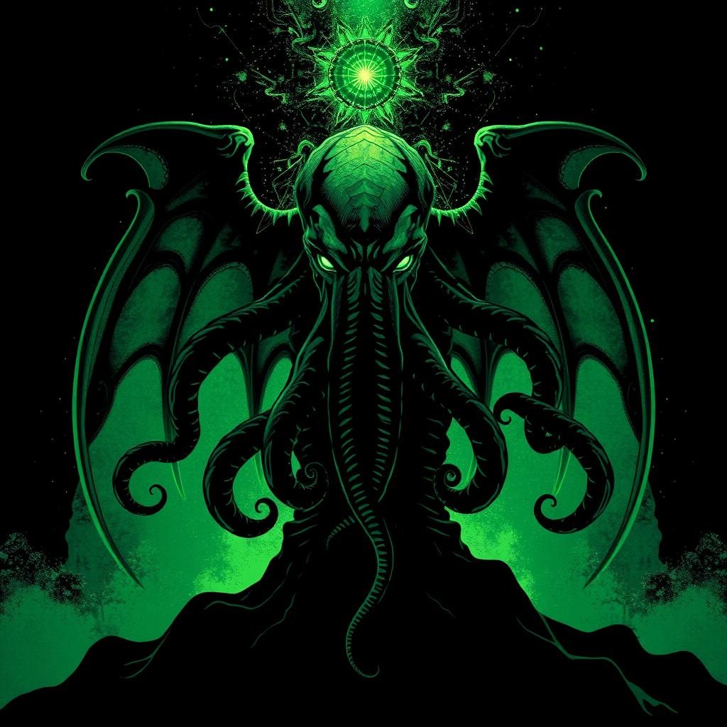 Cthulhu in Green and Black, Abstract Maximalist Art