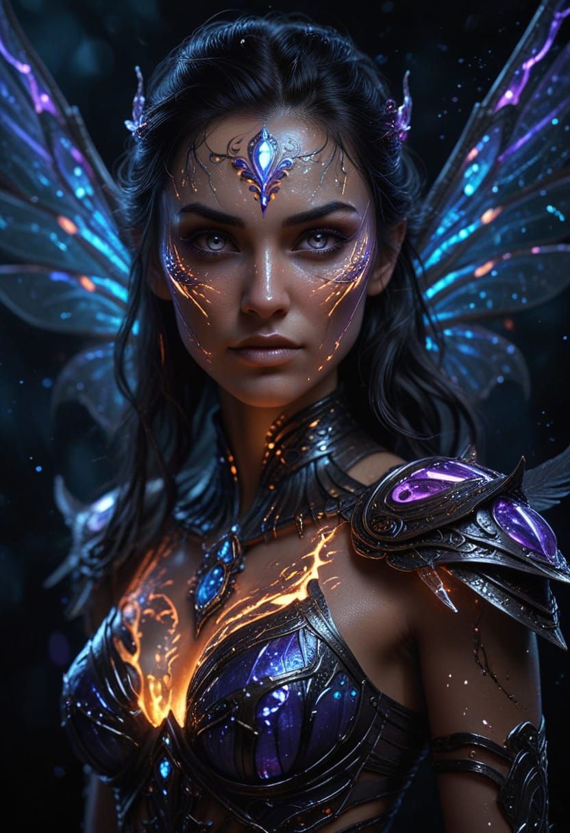 Fierce Fairy Warrior with Bioluminescent Runes