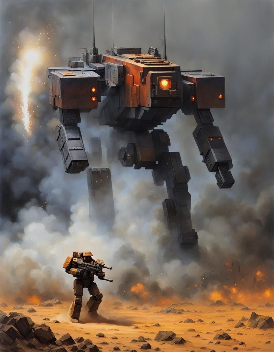 Sci-Fi Mech on Battlefield with Explosions