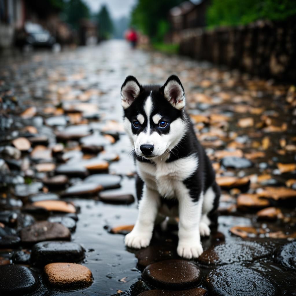 Husky Puppy in Rain on Cobblestone