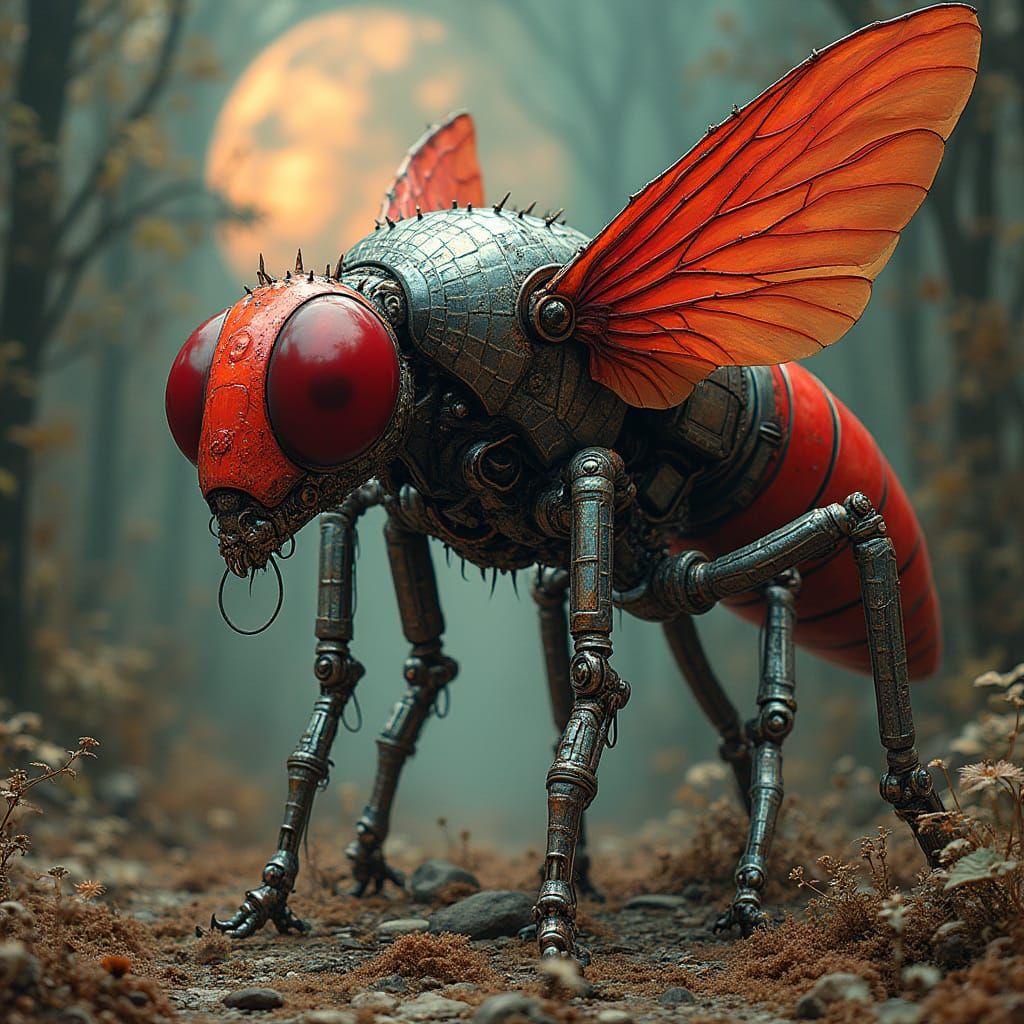 Mechanical Alien and Fly in Surreal Cyberpunk Dreamscape