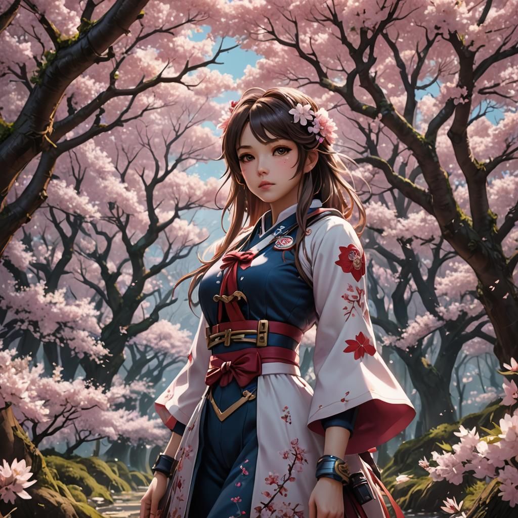 Anime Girl in Cherry Blossom Forest: 8k Art