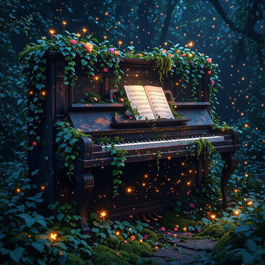 Overgrown Piano with Glowing Spores at Night