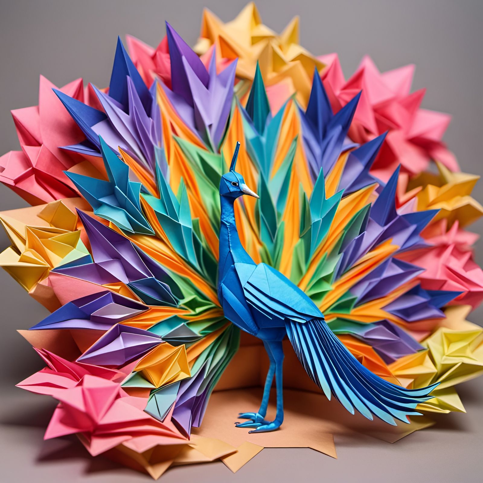 Iridescent Origami Peacock in Paradise Garden
