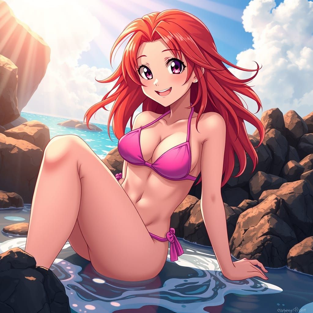 Sultry Red-Haired Goddess in Vibrant Pink Bikini