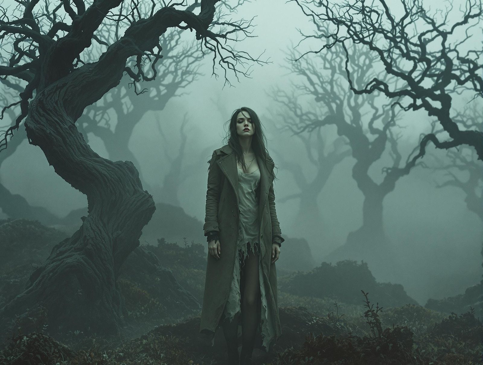 Melancholic Woman in Misty Landscape: Mystical Realism