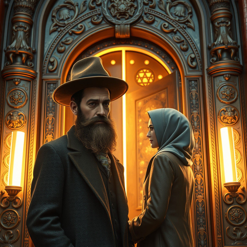 Hasidic Man Opens Door for Wife: Digital Painting