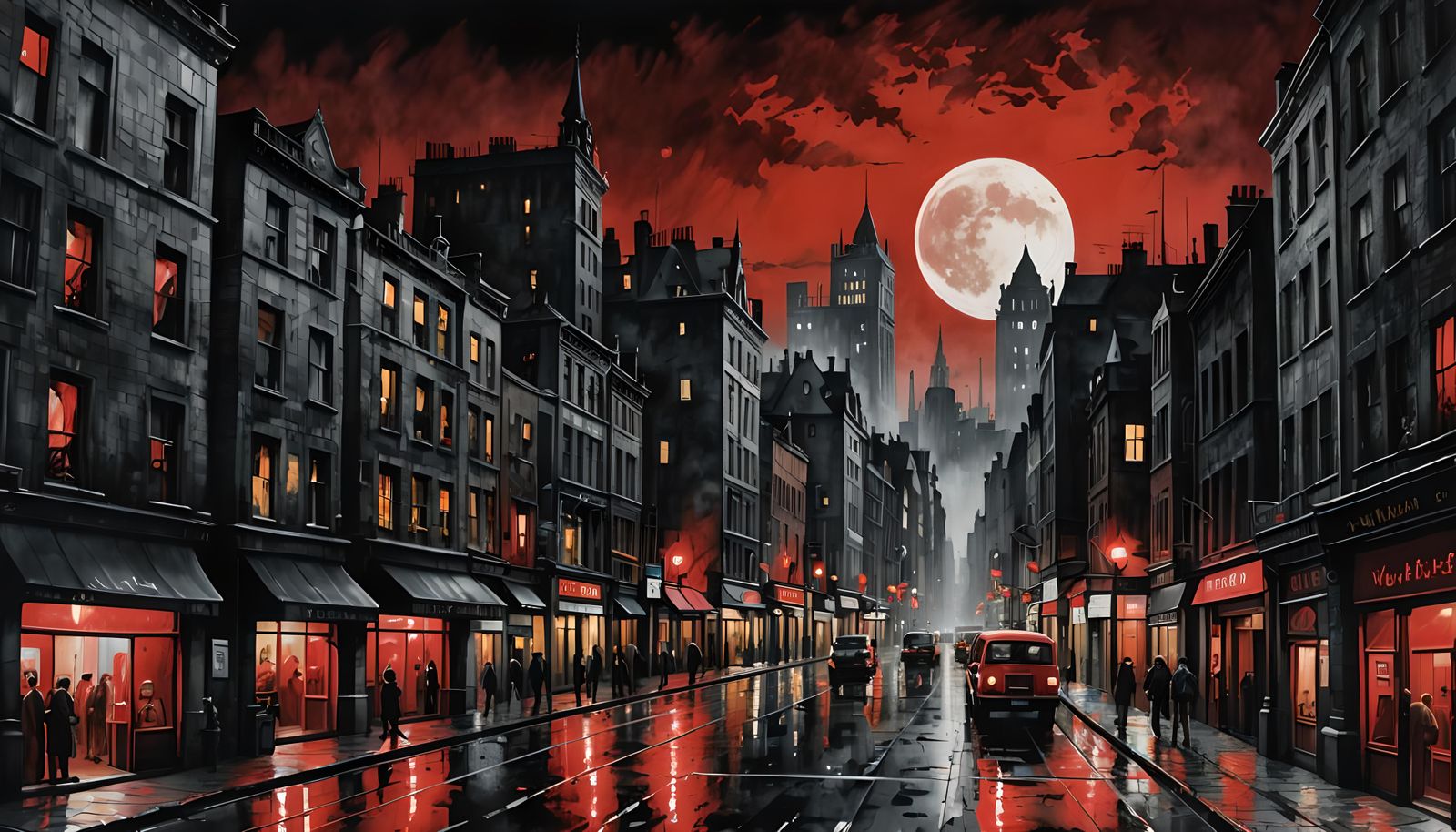 Dystopian City Street with Red Moon, in Watercolour Style