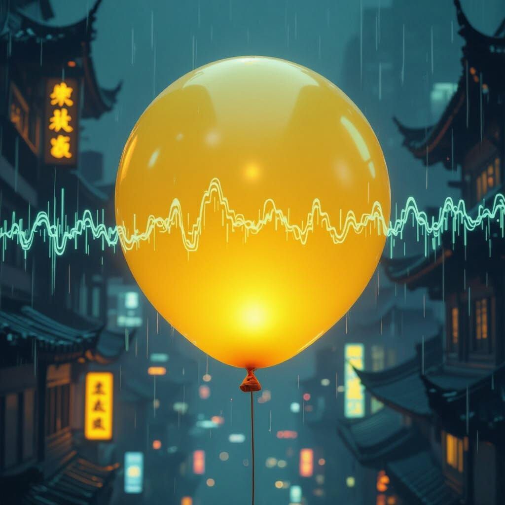 Cyberpunk City Scene With Floating Balloon