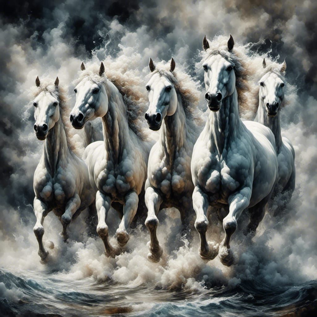 White Horses Emerge from Smoky Ocean Waves