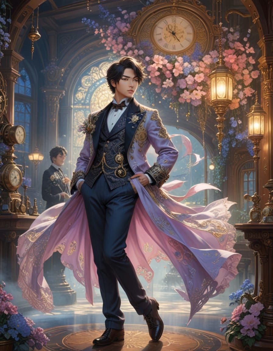 Elegant Butler in Victorian Steampunk Salon