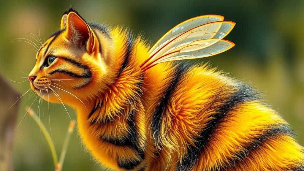 Whimsical Feline Bumblebee in Vibrant Dreamlike Illustration