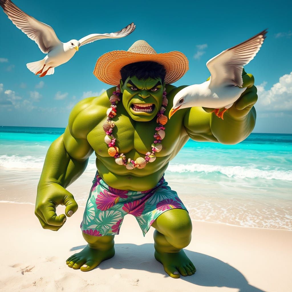 Hulk in Tropical Beach Wear, Surprised by Thieving Seagull