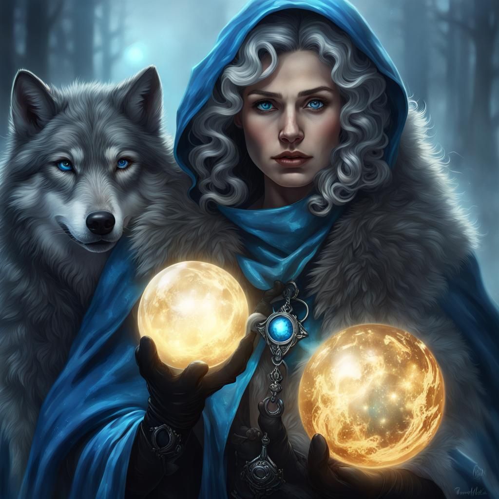 Anxious Mage with Wolf Protector in Dark Fantasy Art