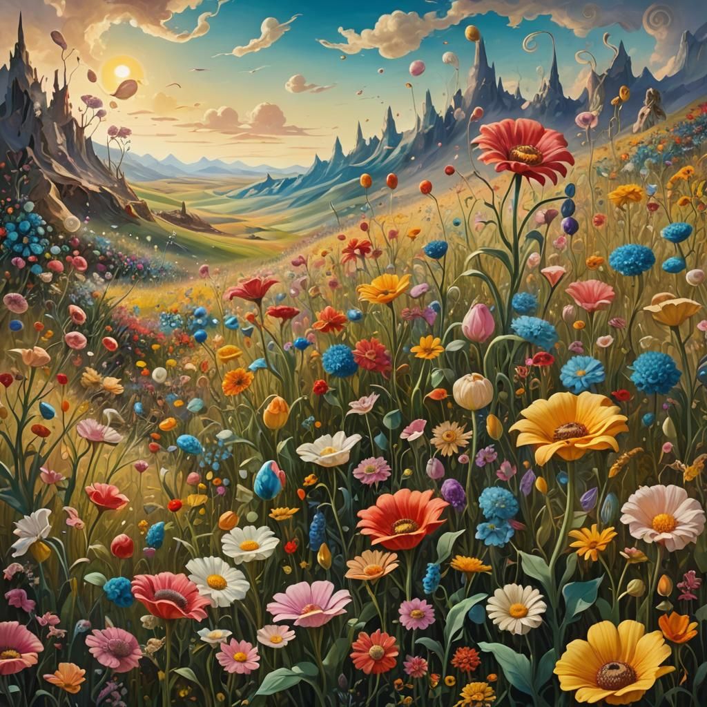 Surreal Dreamlike Landscape with Rare Flowers