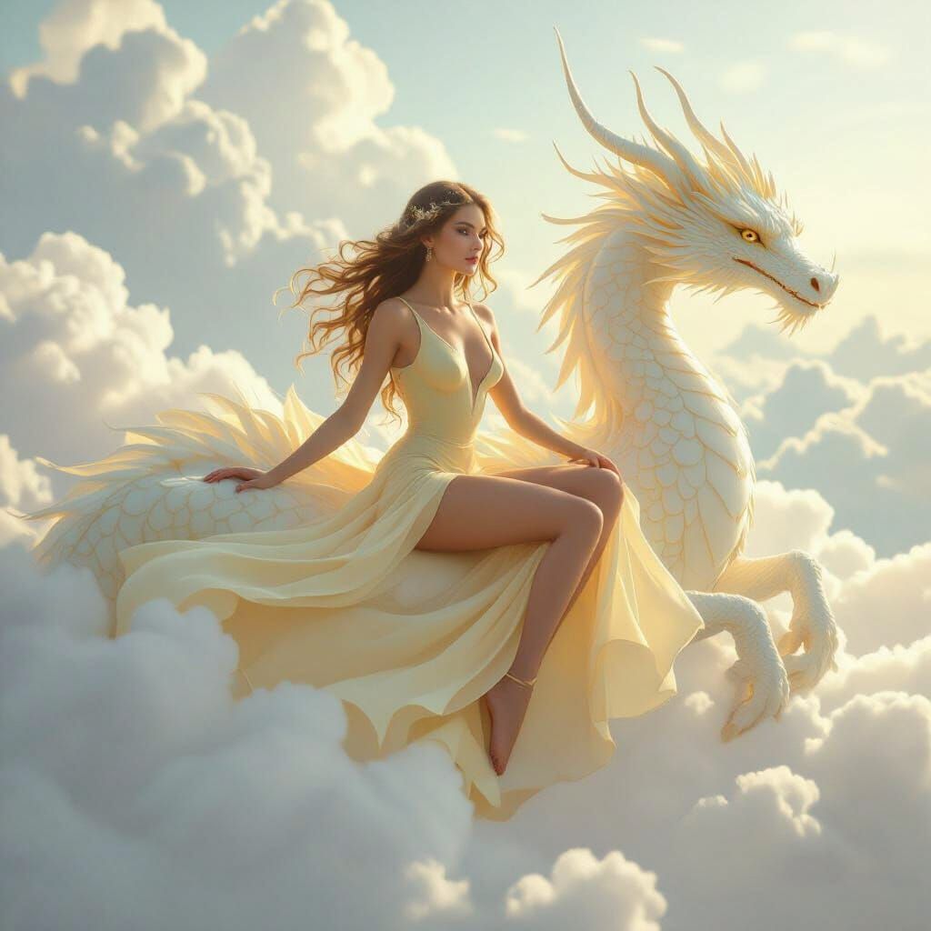 Ethereal Supermodel on Cloud Dragon in Dreamy Style
