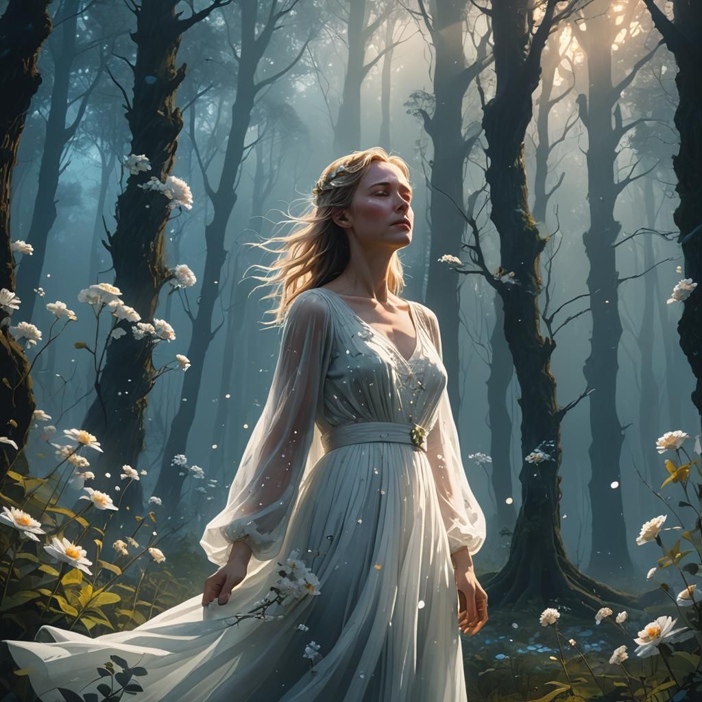 Ethereal Woman Crying in Mystical Forest
