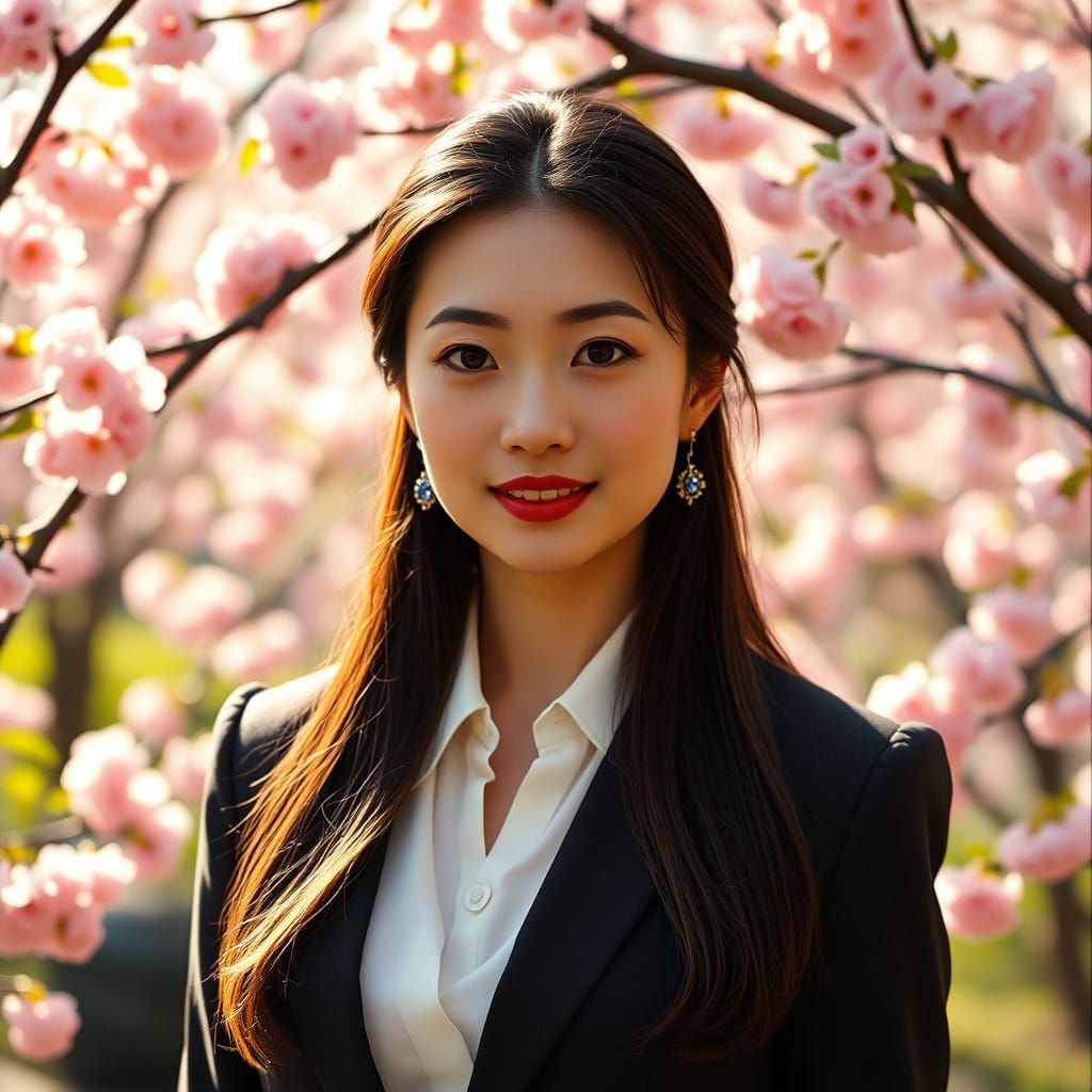 Elegant Woman in Cherry Blossom Garden, Cinematic Style