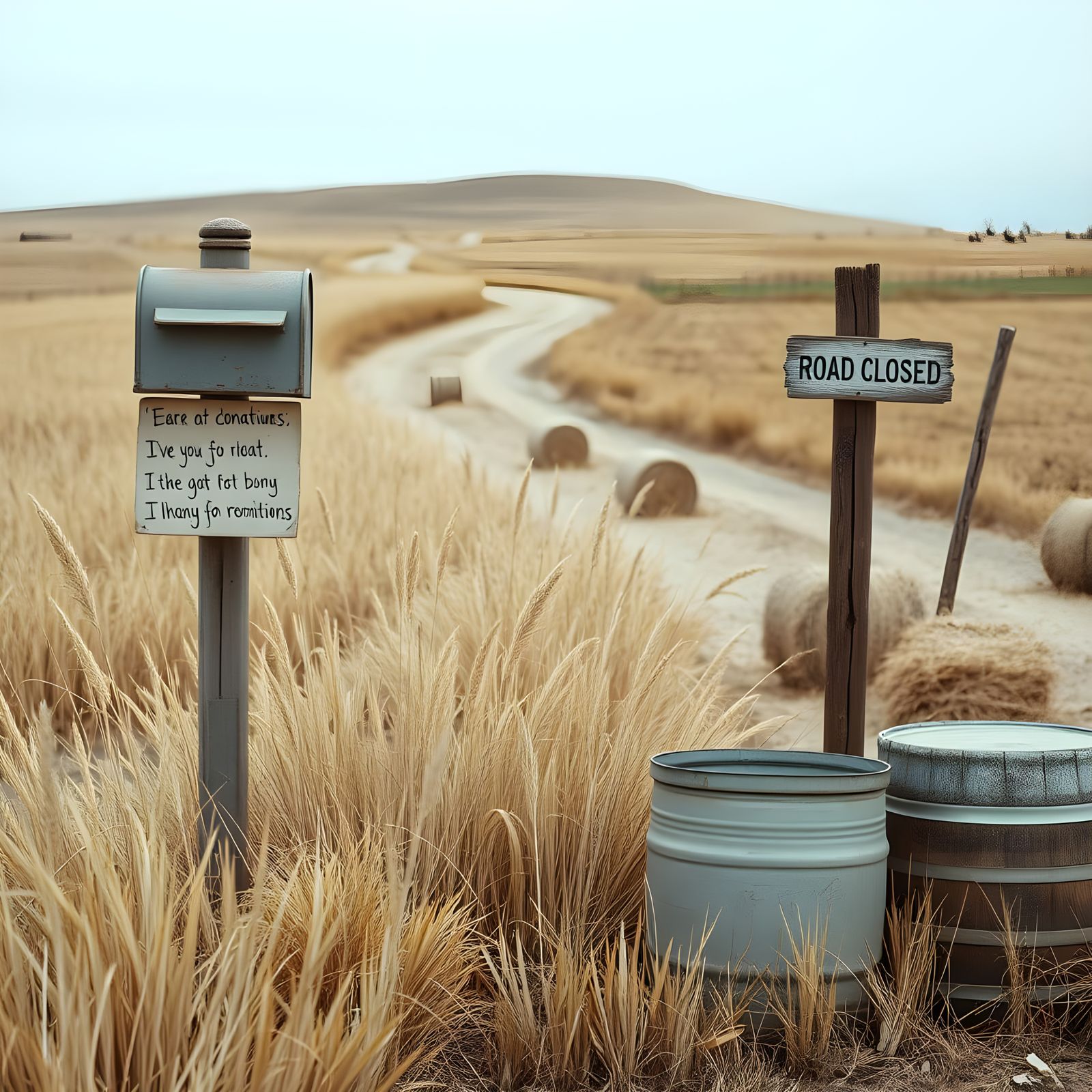 Rural Landscape with Faded Signs and Weathered Barrel