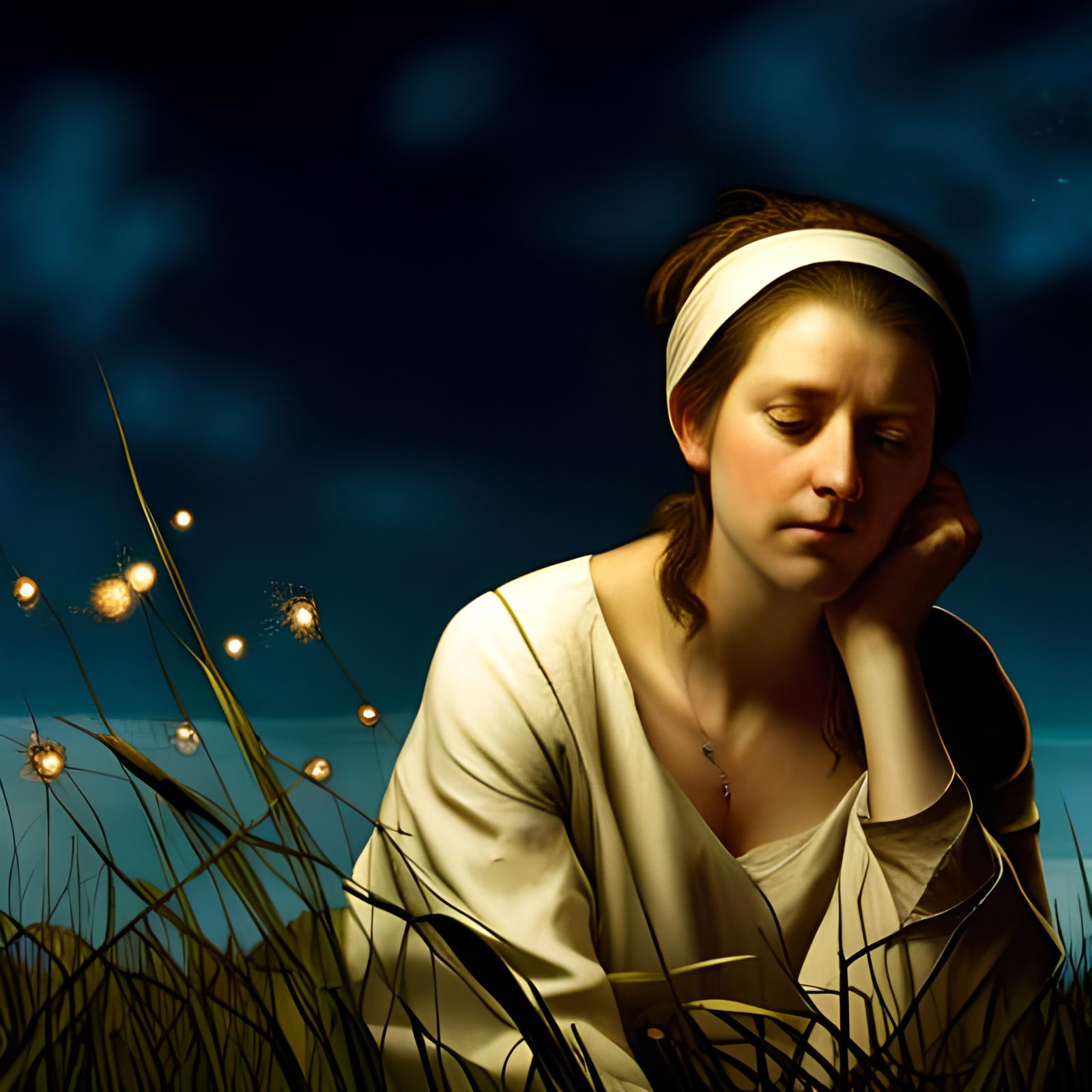 Woman in Field at Night in Vermeer Style