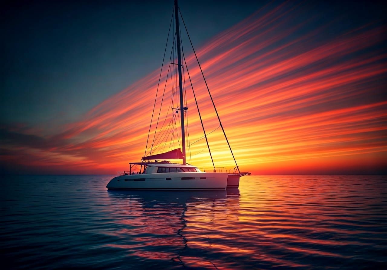 Catamaran Sails Shimmering Seas in Surreal Dreamscape