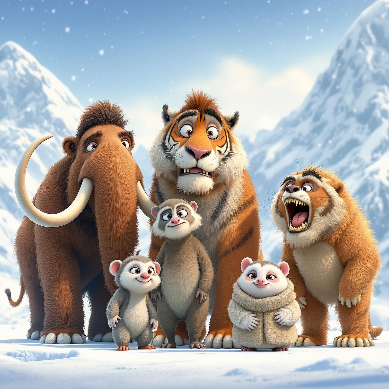 Cartoon Prehistoric Animals in Snowy Ice Age Landscape