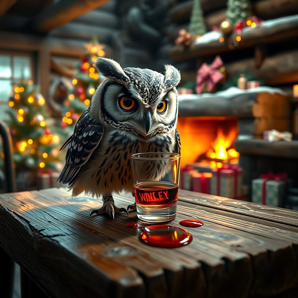 Whiskey-Drinking Owl Chick in Cozy Winter Wonderland