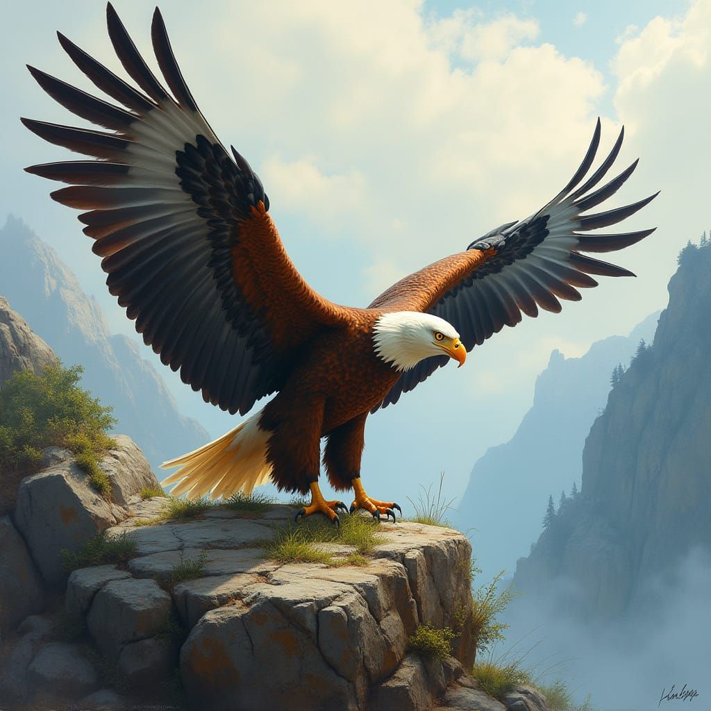 Eagle Spreads Wings on Misty Cliffside