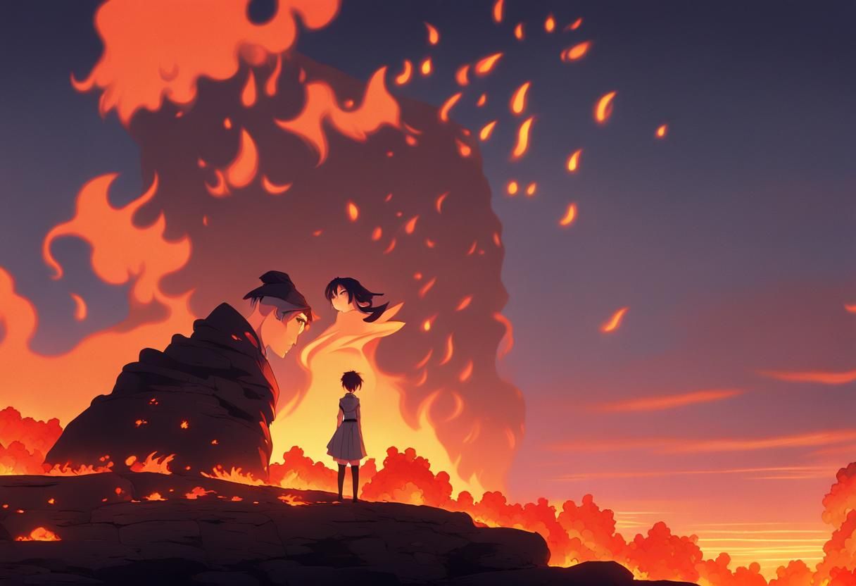 Ethereal Anime Goddess Stares Down Mortal on Cliff's Edge