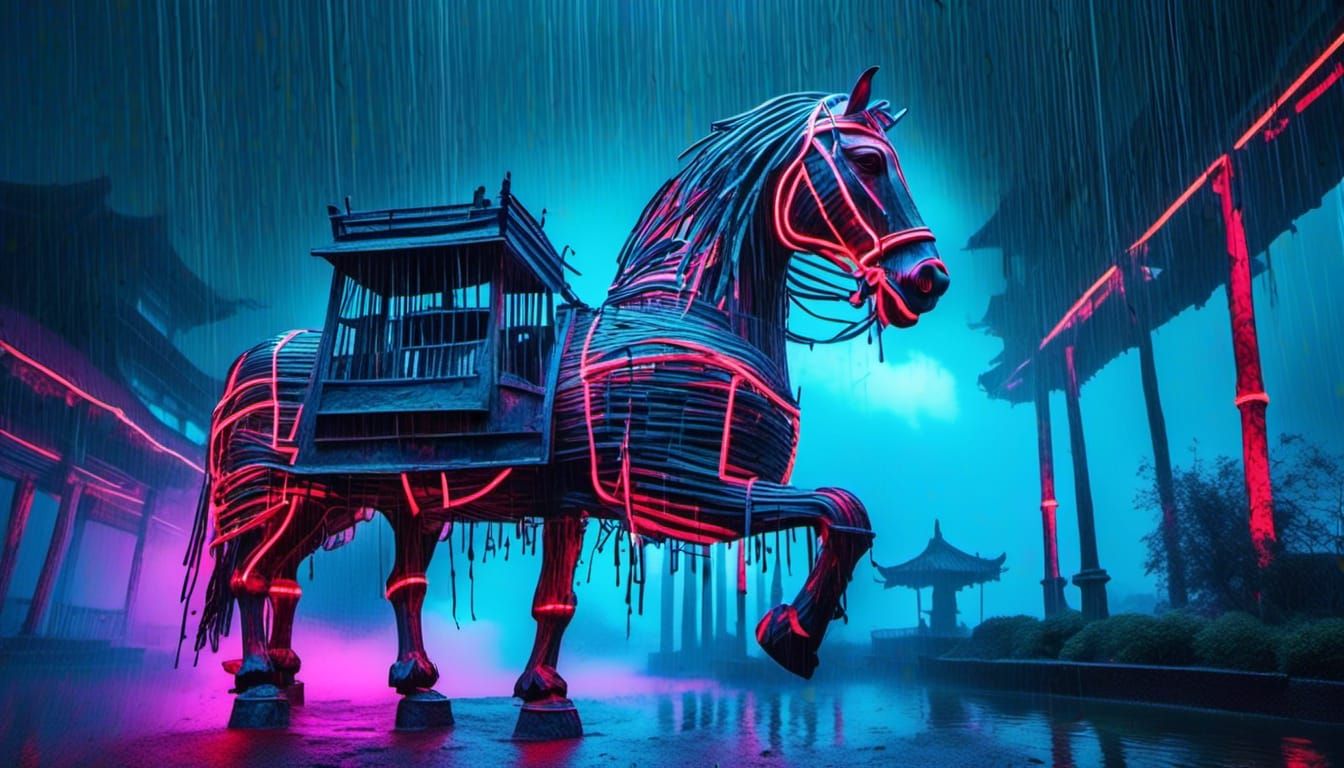 Surreal Neon City: Bamboo Trojan Horse Dreamscape