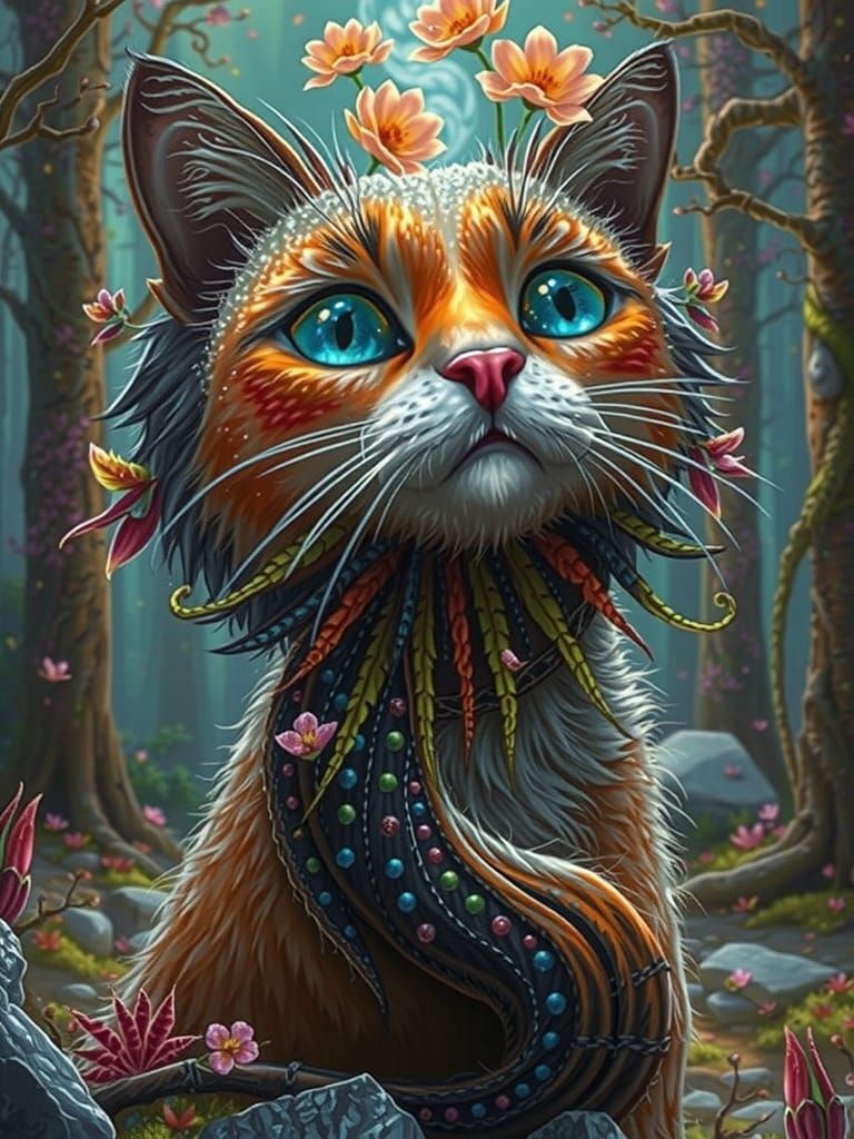 Mystical Cat Amidst Whimsical Forest Landscape in Vibrant Co...