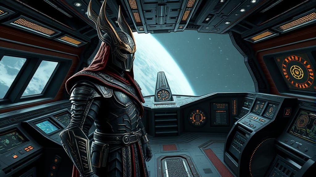 Klingon Warrior on Battlecruiser Bridge in Cinematic Style